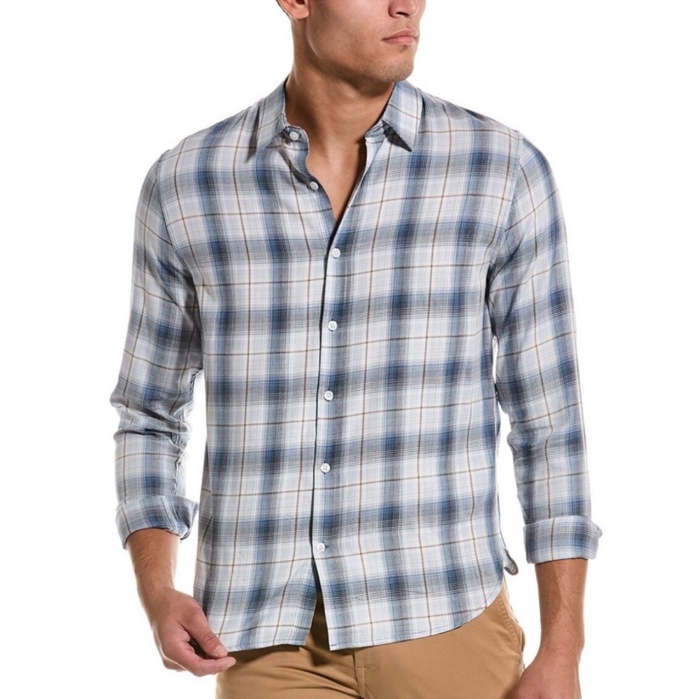 Vince “seaside” blue and brown plaid button-down